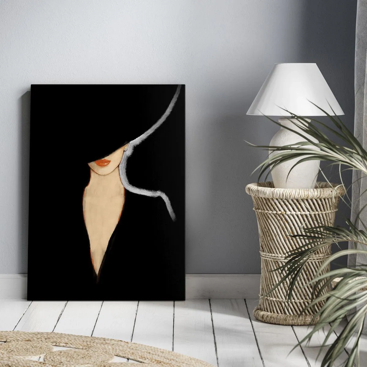 Obraz na płótnie - Portret kobiety w kapeluszu na czarnym tle - 50x70cm - Elegancja i styl - Nowoczesna dekoracja ścienna do salonu, kuchni i sypialni ARTTOR