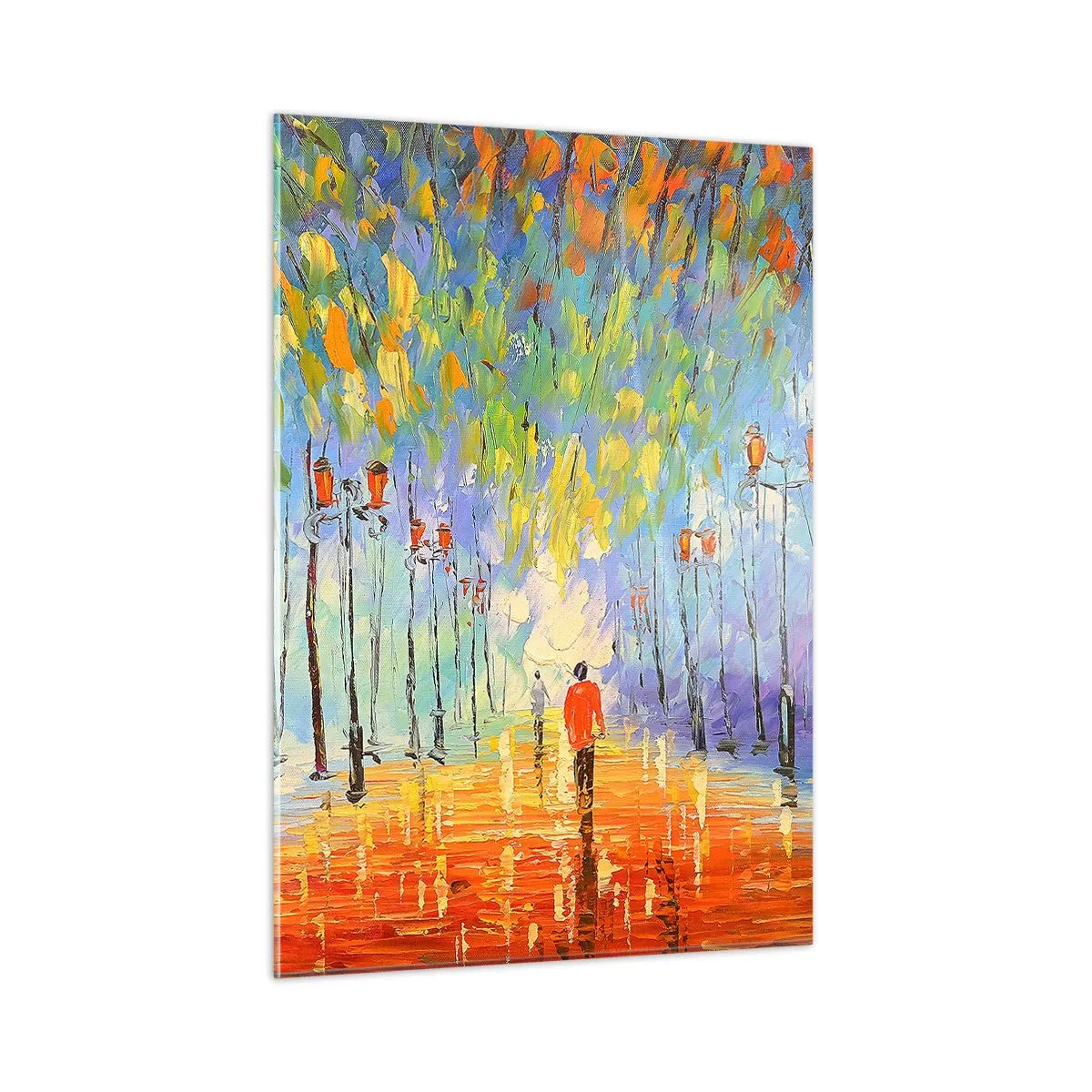 Obraz na szkle - Kolorowy park z alejką i latarniami w malarskim stylu - 50x70cm - Nocna piosenka deszczu - Nowoczesna dekoracja ścienna do salonu, kuchni i sypialni ARTTOR