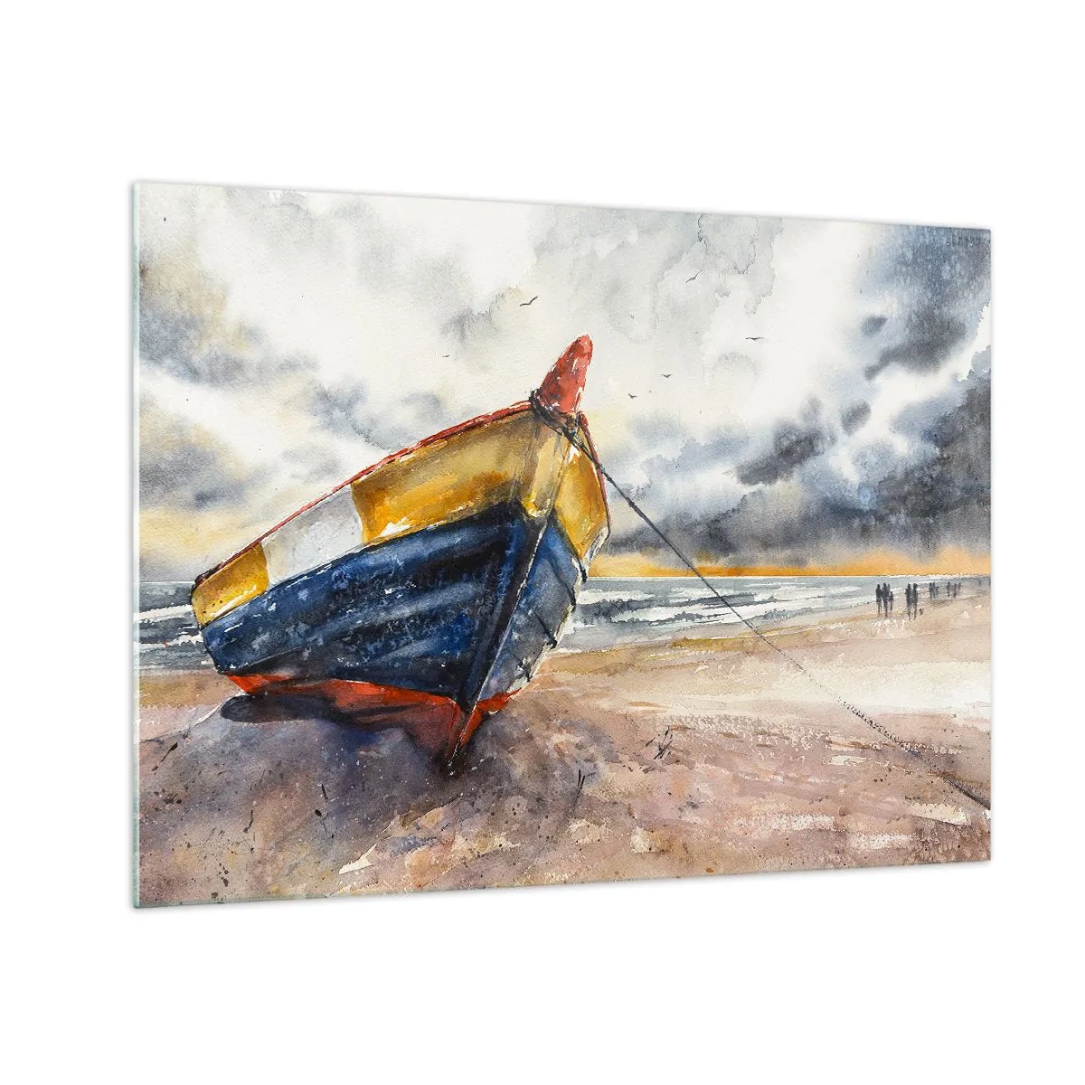 Obraz na szkle - Kolorowa łódź na plaży podczas zachmurzonego dnia - 70x50cm - Odpoczynek na brzegu - Nowoczesna dekoracja ścienna do salonu i sypialni ARTTOR