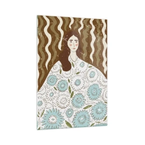 Obraz na szkle - Portret kobiety w ozdobnej, kwiecistej szacie na tle falistych wzorów - 70x100cm - Portret w kwiecistej szacie - Nowoczesna dekoracja ścienna do salonu i sypialni ARTTOR