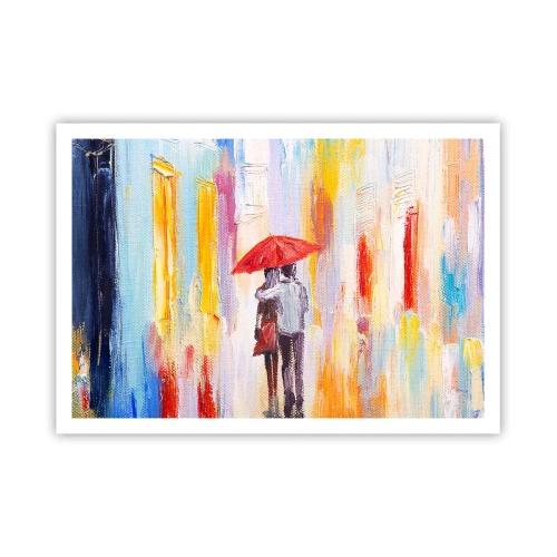 Plakat - Para pod czerwoną parasolką na tle kolorowych budynków - 100x70cm - Niech pada dalej - Nowoczesna dekoracja ścienna do salonu i sypialni ARTTOR