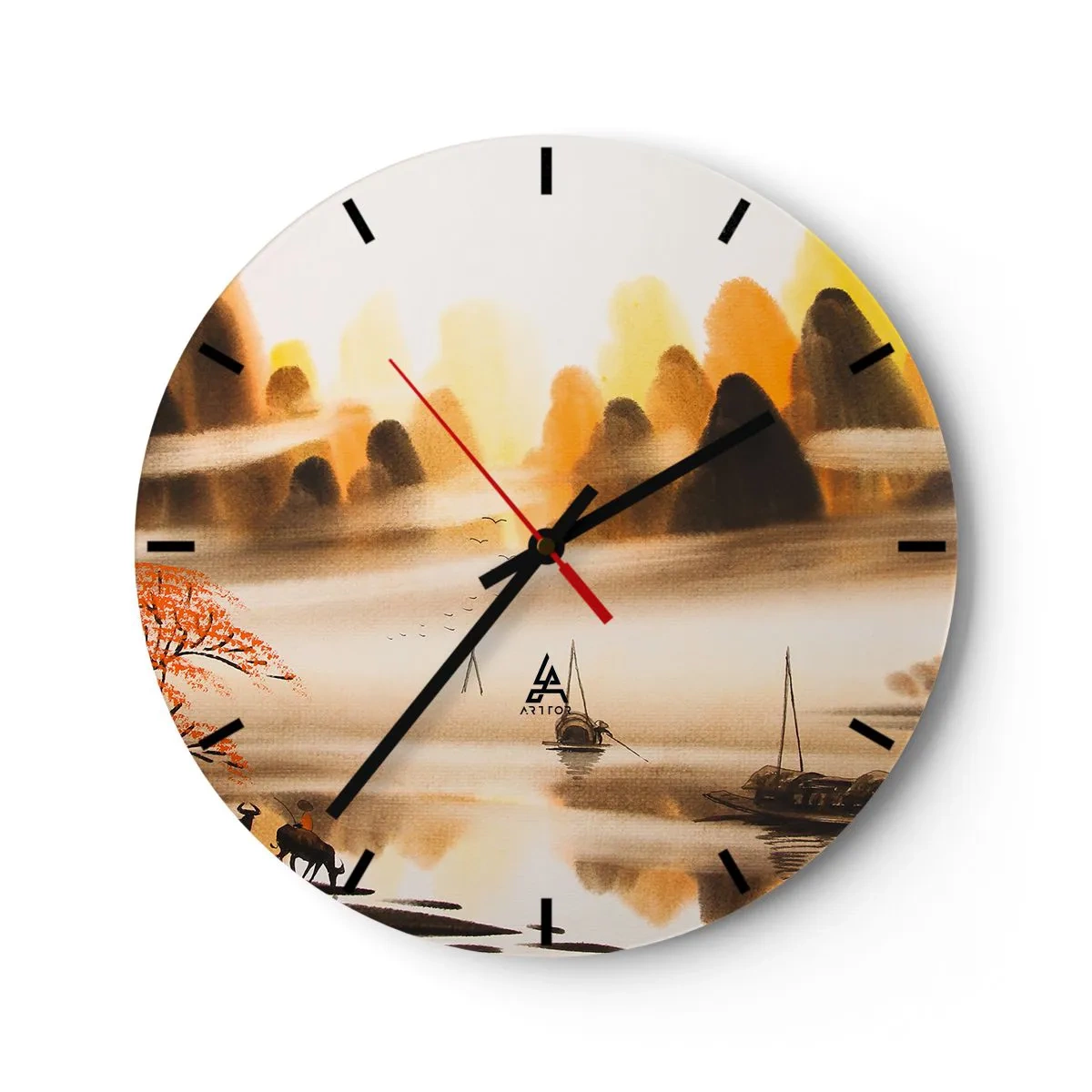 Zegar ścienny - Pejzaż z górami i łodziami we mgle w stylu orientalnym - 30x30cm - Dalej niż na Dalekim Wschodzie - Nowoczesna dekoracja ścienna do salonu, kuchni i sypialni ARTTOR