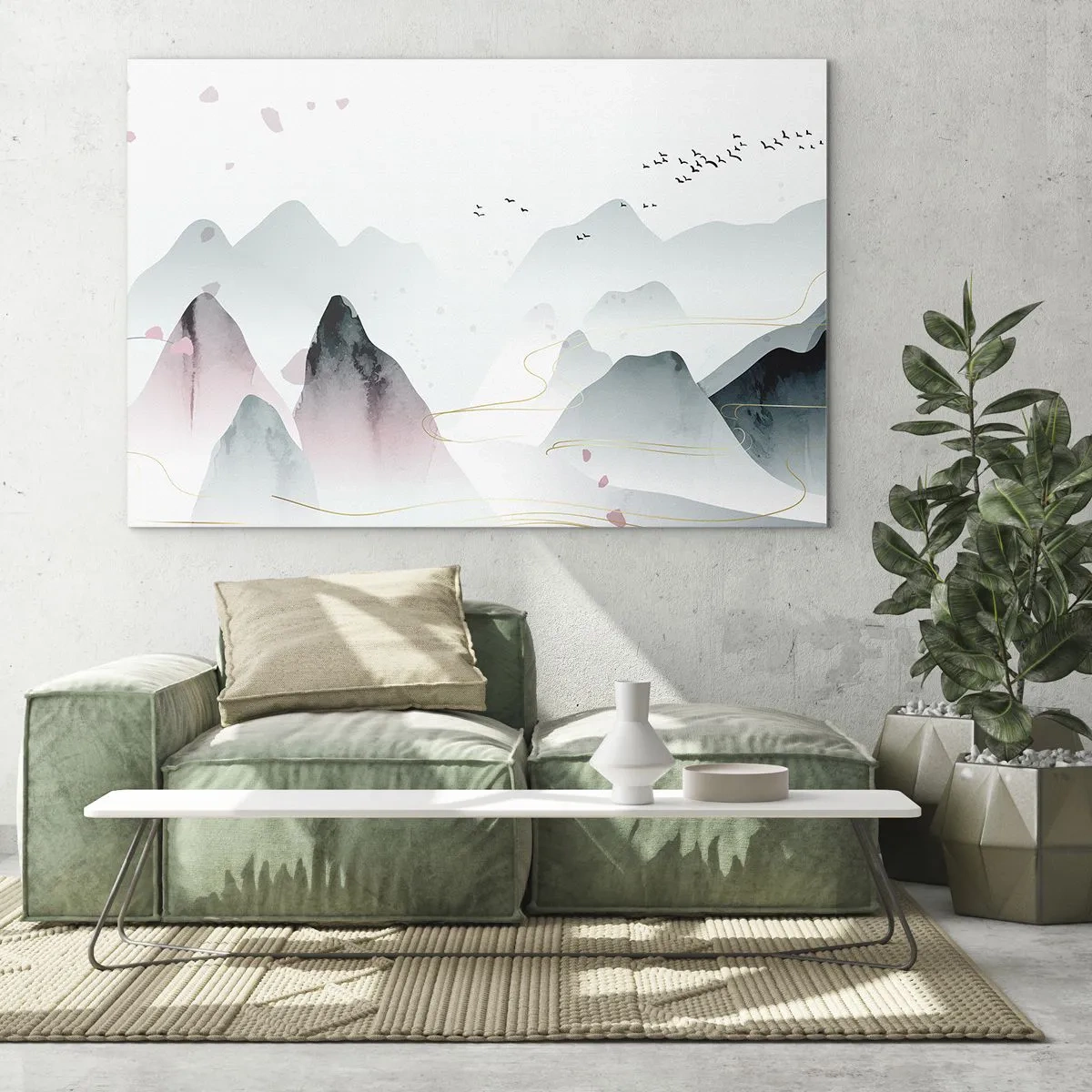 Obraz na szkle - Pastelowe góry z lecącym stadem ptaków i złotymi liniami - 70x50cm - Ponad szczytami - Nowoczesna dekoracja ścienna do salonu i sypialni ARTTOR