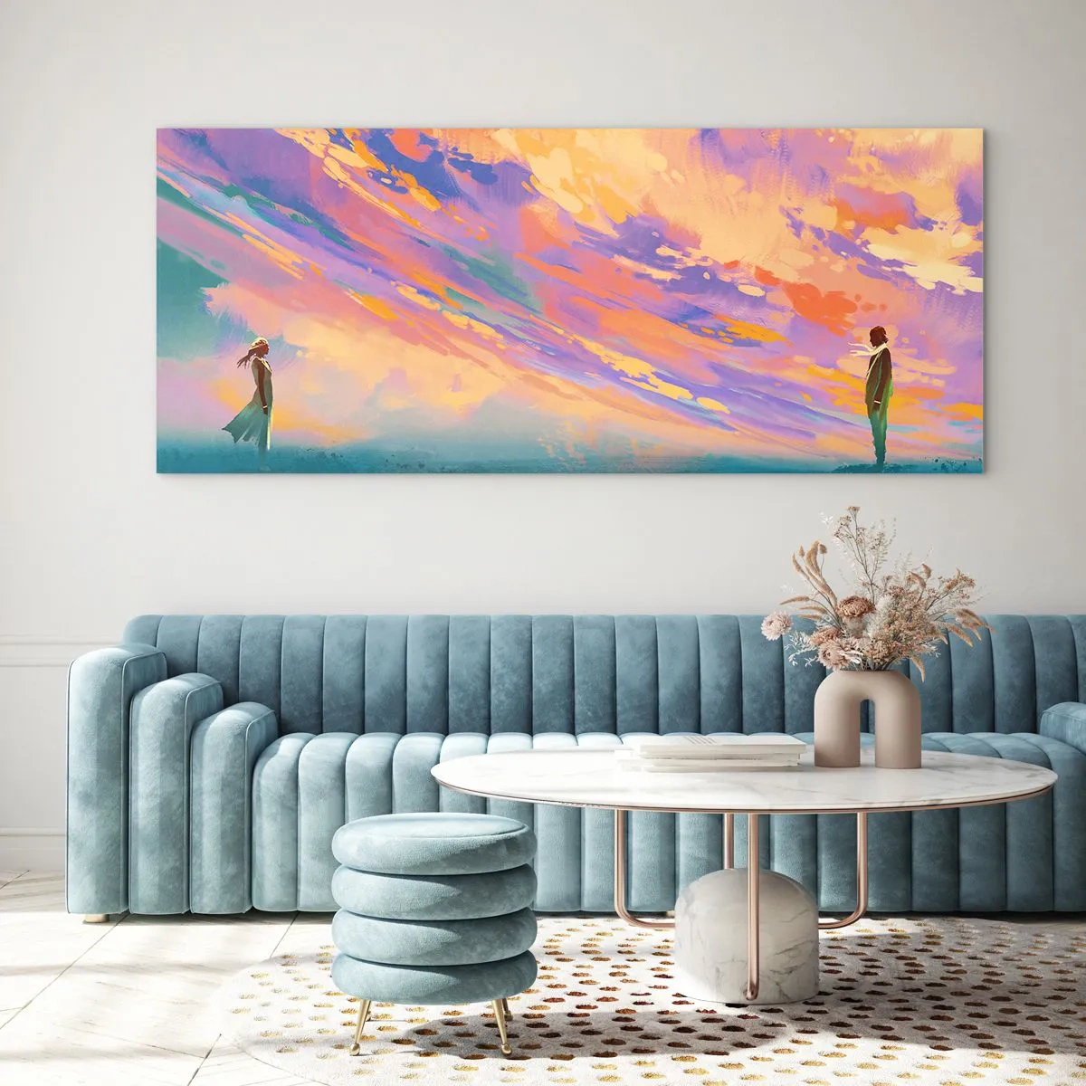 Obraz na szkle - Dynamiczna scena z postaciami na tle kolorowego nieba o zachodzie słońca - 120x50cm - Siła przyciągania - Nowoczesna dekoracja ścienna do salonu i sypialni ARTTOR