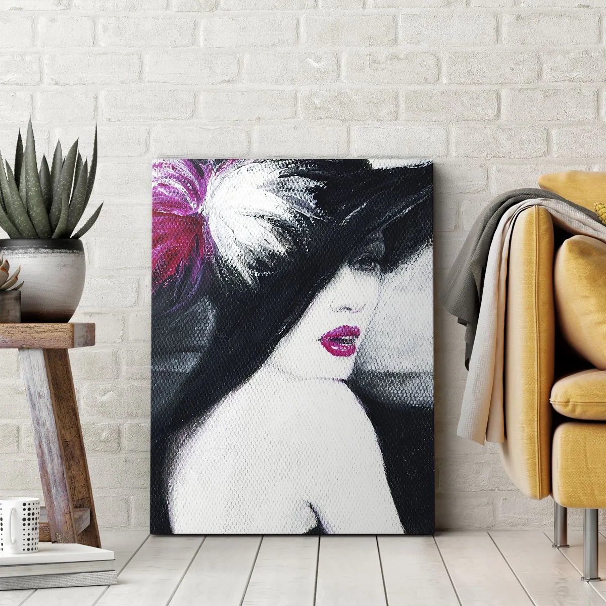 Obraz na płótnie - Stylowy portret kobiety w czarnym kapeluszu z piórami - 50x70cm - Zawsze tajemnica - Nowoczesna dekoracja ścienna do salonu, kuchni i sypialni ARTTOR