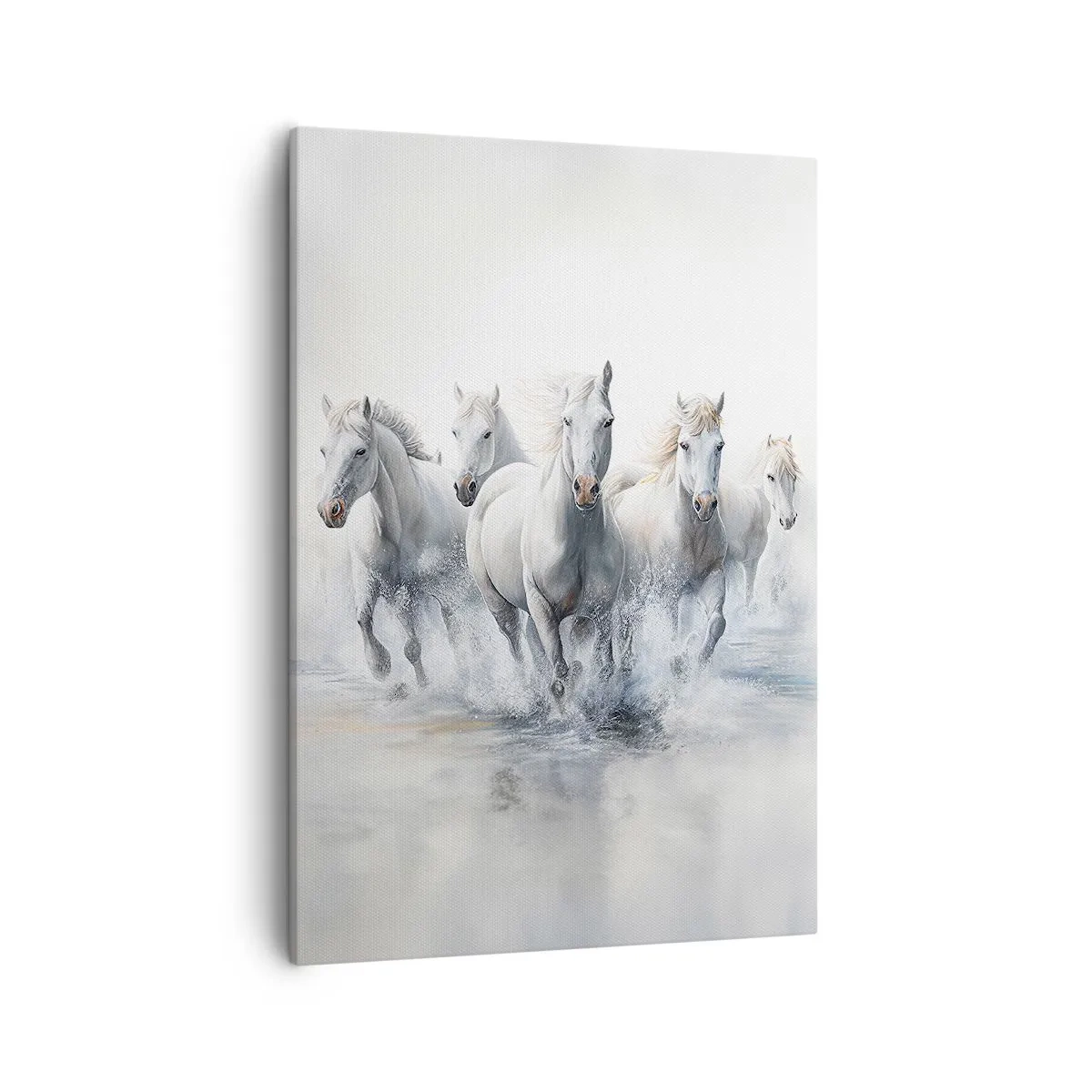 Obraz na płótnie - Białe konie galopujące przez wodę w dynamicznej kompozycji - 50x70cm - Biała magia - Nowoczesna dekoracja ścienna do salonu, kuchni i sypialni ARTTOR