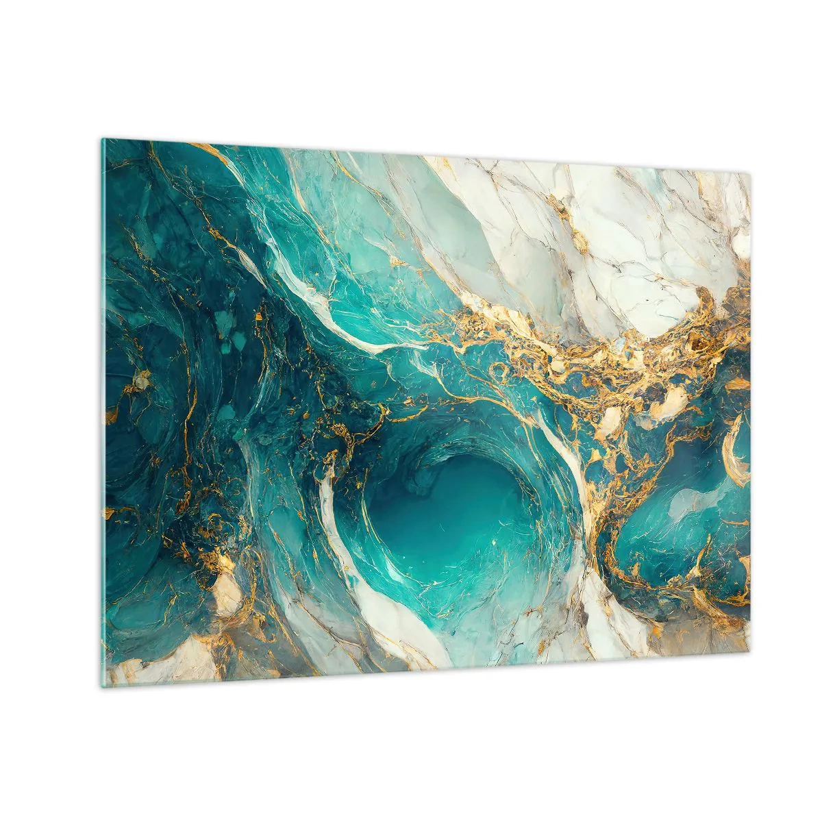 Obraz na szkle - Abstrakcyjna kompozycja z turkusem i złotymi żyłami - 70x50cm - Kompozycja z żyłami złota - Nowoczesna dekoracja ścienna do salonu i sypialni ARTTOR