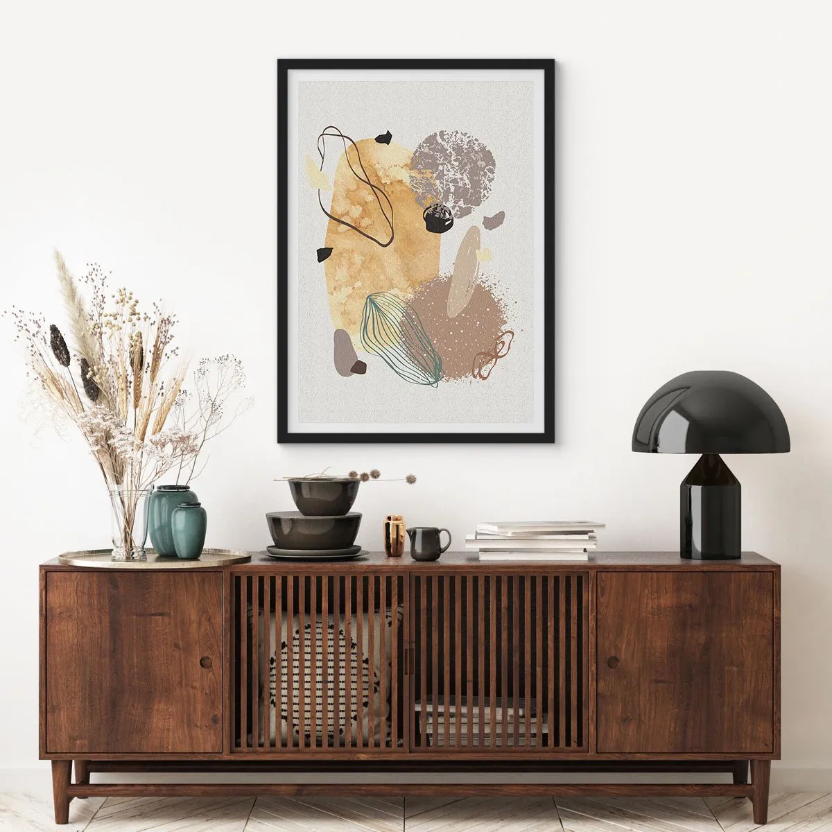 Plakat w czarnej ramie - Abstrakcyjna kompozycja w naturalnych odcieniach - 50x70cm - Plumkologia stosowana - Nowoczesna dekoracja ścienna do salonu i sypialni ARTTOR