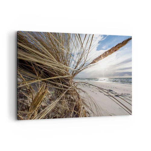Obraz na płótnie - Plaża z suchymi trawami na wydmach i widokiem na morze - 100x70cm - Spotkanie żywiołów - Nowoczesna dekoracja ścienna do salonu, kuchni i sypialni ARTTOR