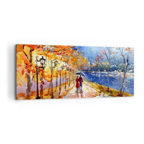 Obraz na płótnie - Jesienny spacer w parku nad brzegiem rzeki pod parasolem - 120x50cm - Razem do granicy czasu - Nowoczesna dekoracja ścienna do salonu i sypialni ARTTOR
