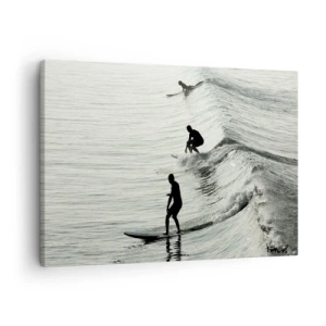 Obraz na płótnie - Surferzy na falach w monochromatycznym ujęciu - 70x50cm - Na spotkanie fali - Nowoczesna dekoracja ścienna do salonu i sypialni ARTTOR