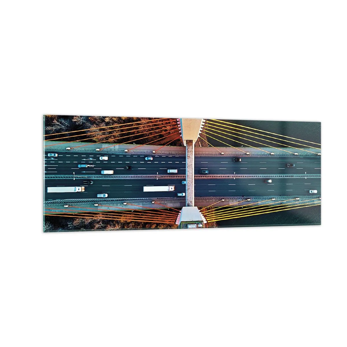 Obraz na szkle - Most widziany z lotu ptaka nad rzeką i jesiennym krajobrazem - 140x50cm - ZA wodami, za lasami - Nowoczesna dekoracja ścienna do salonu i sypialni ARTTOR