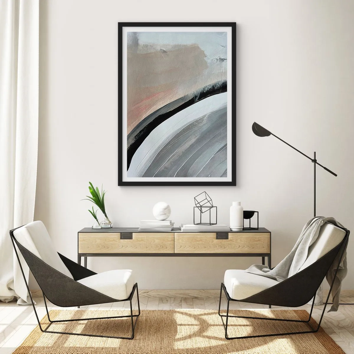 Plakat w czarnej ramie - Abstrakcyjna kompozycja z liniami w odcieniach szarości i beżu - 50x70cm - Kompozycja: łuk czerni i szarości - Nowoczesna dekoracja ścienna do salonu i sypialni ARTTOR
