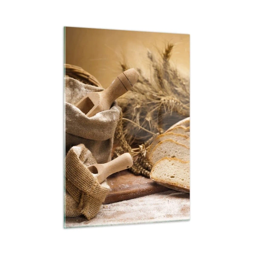 Obraz na szkle - Chleb, mąka i kłosy zboża w rustykalnym stylu - 50x70cm - Jak nożem uciął - Nowoczesna dekoracja ścienna do salonu, kuchni i sypialni ARTTOR