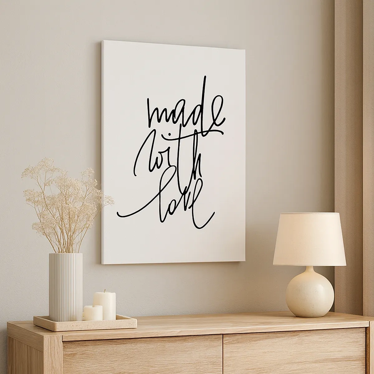 Obraz na płótnie - Minimalistyczny obraz z napisem 'Made with love' w stylu kaligrafii - 50x70cm - Najlepsza marka - Nowoczesna dekoracja ścienna do salonu, kuchni i sypialni ARTTOR