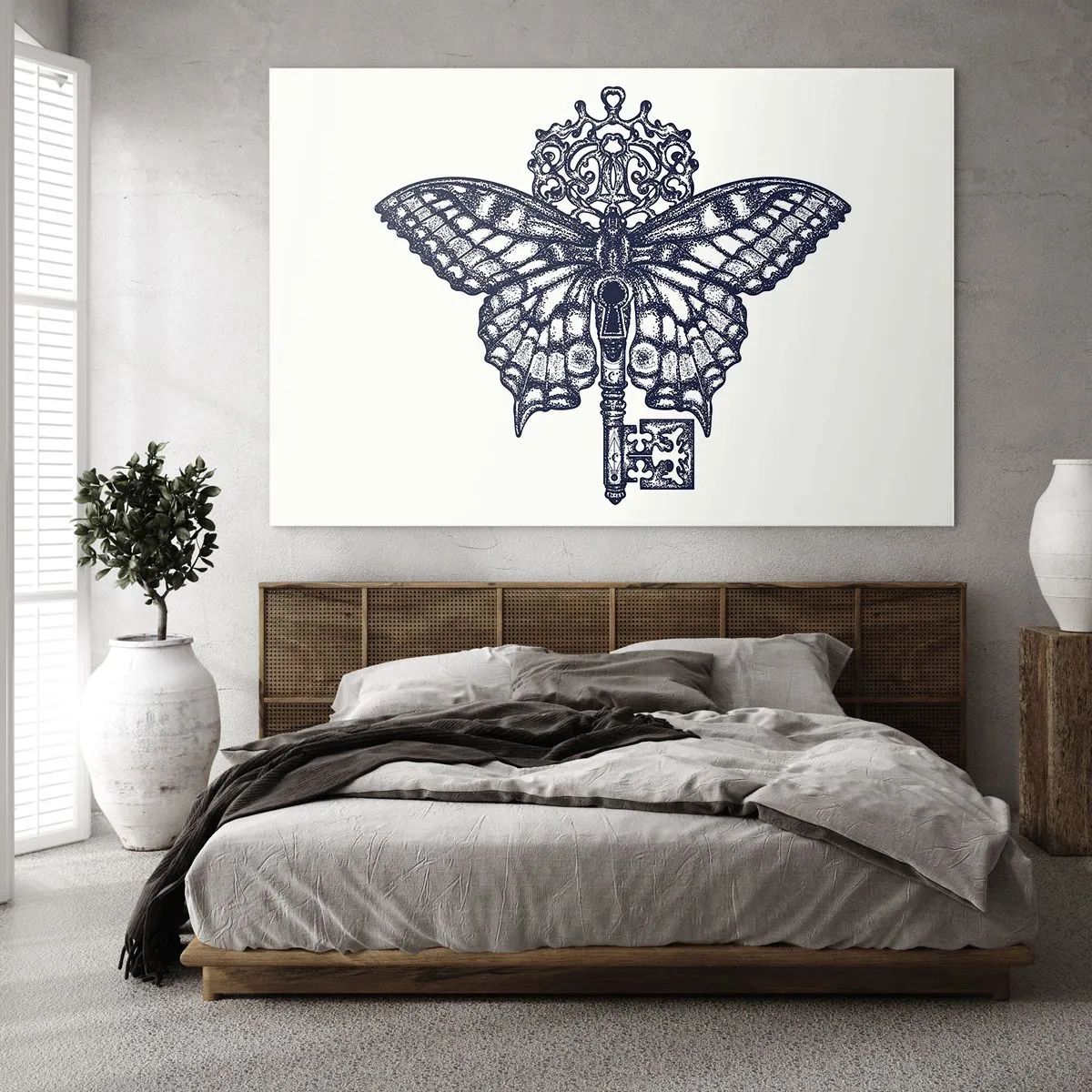 Obraz na szkle - Ilustracja przedstawiająca motyla z kluczem w centrum - 70x50cm - Wszystkie tajemnice serca - Nowoczesna dekoracja ścienna do salonu i sypialni ARTTOR