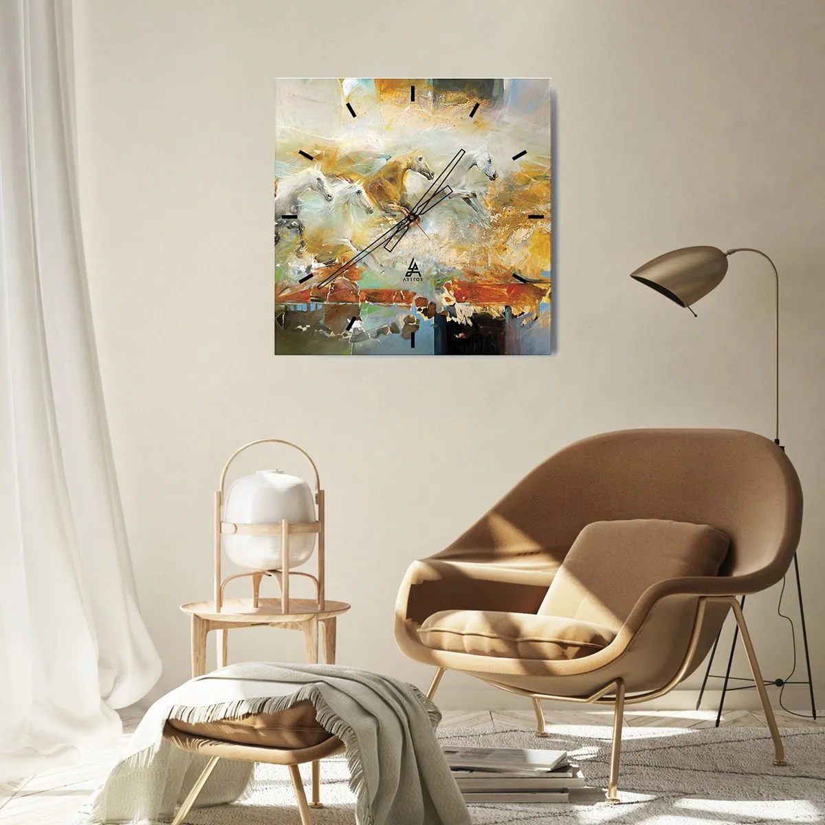 Zegar ścienny - Artystyczne konie w dynamicznej scenerii pełnej kolorów - 30x30cm - Galopem przez światło - Nowoczesna dekoracja ścienna do salonu i sypialni ARTTOR