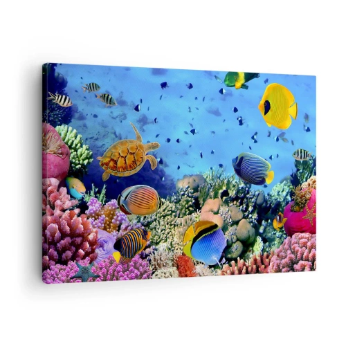 Obraz na płótnie - Rafa koralowa z kolorowymi rybami i żółwiem morską - 70x50cm - I co my wiemy o życiu... - Nowoczesna dekoracja ścienna do salonu i sypialni ARTTOR