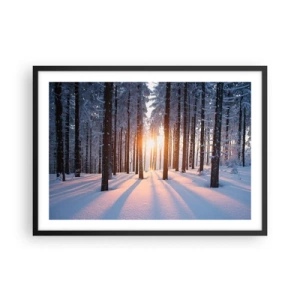 Plakat w czarnej ramie - Zimowy las oświetlony promieniami słońca - 70x50cm - Wyraźnie czarno na białym - Nowoczesna dekoracja ścienna do salonu i sypialni ARTTOR