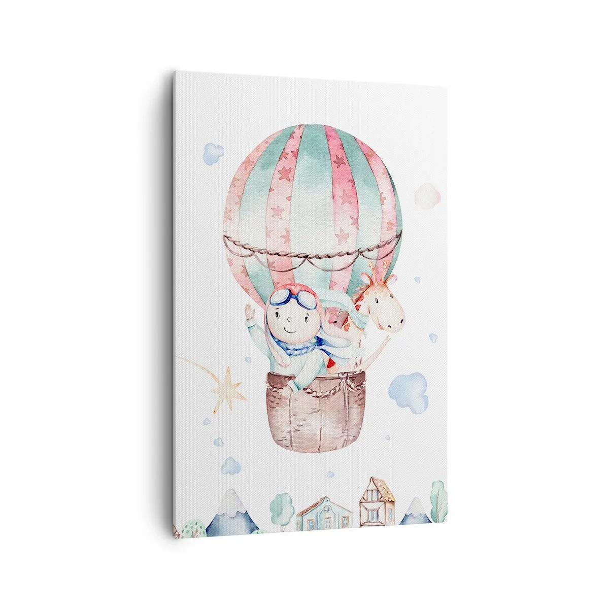 Obraz na płótnie - Urocza akwarela z dzieckiem i konikiem w balonie unoszącym się nad domkami - 80x120cm - Wrócimy wkrótce! - Nowoczesna dekoracja ścienna do salonu i sypialni ARTTOR
