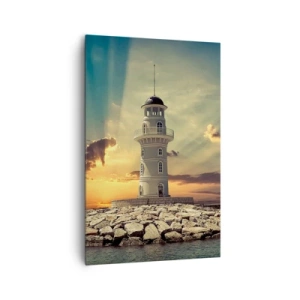 Obraz na płótnie - Latarnia morska o zachodzie słońca na tle nieba - 80x120cm - Światło - Dobro - Piękno - Nowoczesna dekoracja ścienna do salonu i sypialni ARTTOR