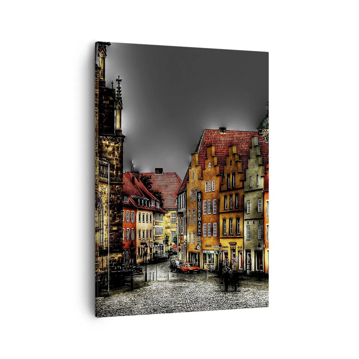 Obraz na płótnie - Kolorowe kamienice na rynku przy pochmurnym niebie - 50x70cm - Brakuje tylko zaczarowanej dorożki - Nowoczesna dekoracja ścienna do salonu, kuchni i sypialni ARTTOR