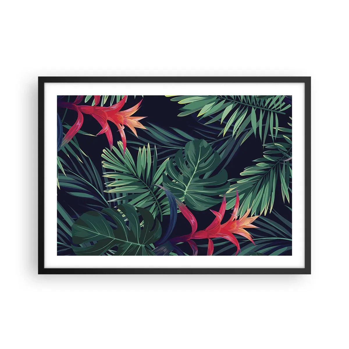 Plakat w czarnej ramie - Tropikalne liście i kwiaty na ciemnym tle - 70x50cm - Zapłonąć w zieleni - Nowoczesna dekoracja ścienna do salonu i sypialni ARTTOR