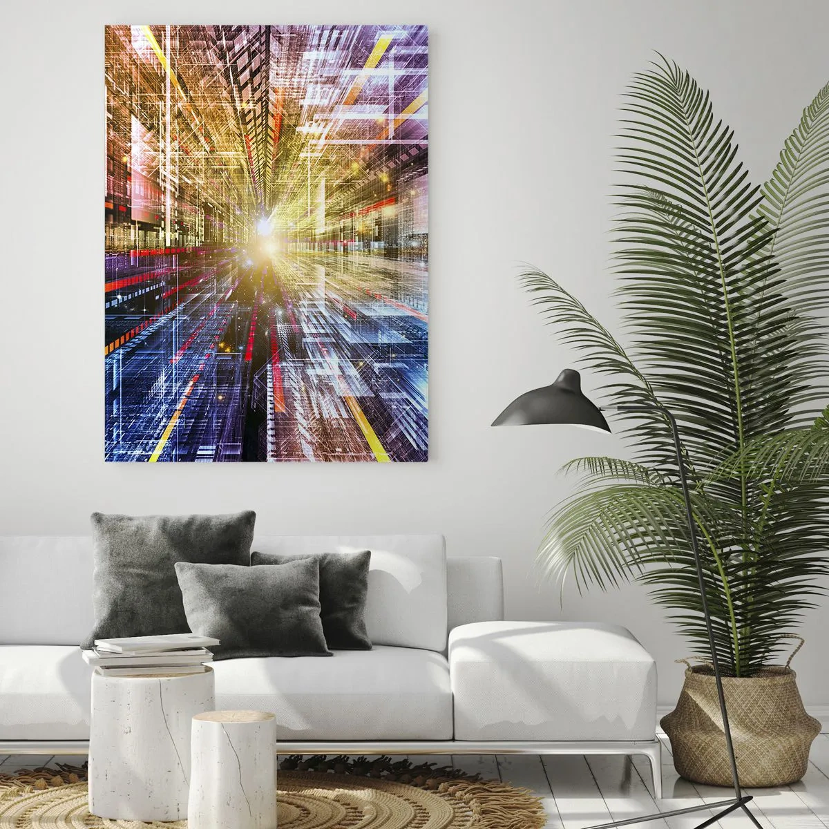Obraz na szkle - Abstrakcyjna wizja z kolorowymi liniami i światłem - 50x70cm - Świetlny korytarz - Nowoczesna dekoracja ścienna do salonu, kuchni i sypialni ARTTOR