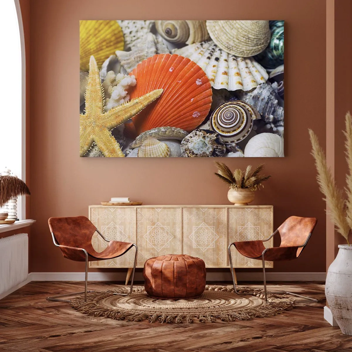 Obraz na płótnie - Muszle i rozgwiazda w kompozycji morskiej - 100x70cm - Skarby oceanu - Nowoczesna dekoracja ścienna do salonu, kuchni i sypialni ARTTOR