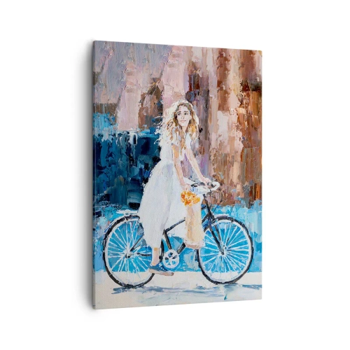 Obraz na płótnie - Kobieta w białej sukni na rowerze w impresjonistycznym stylu - 50x70cm - Radość o poranku - Nowoczesna dekoracja ścienna do salonu, kuchni i sypialni ARTTOR