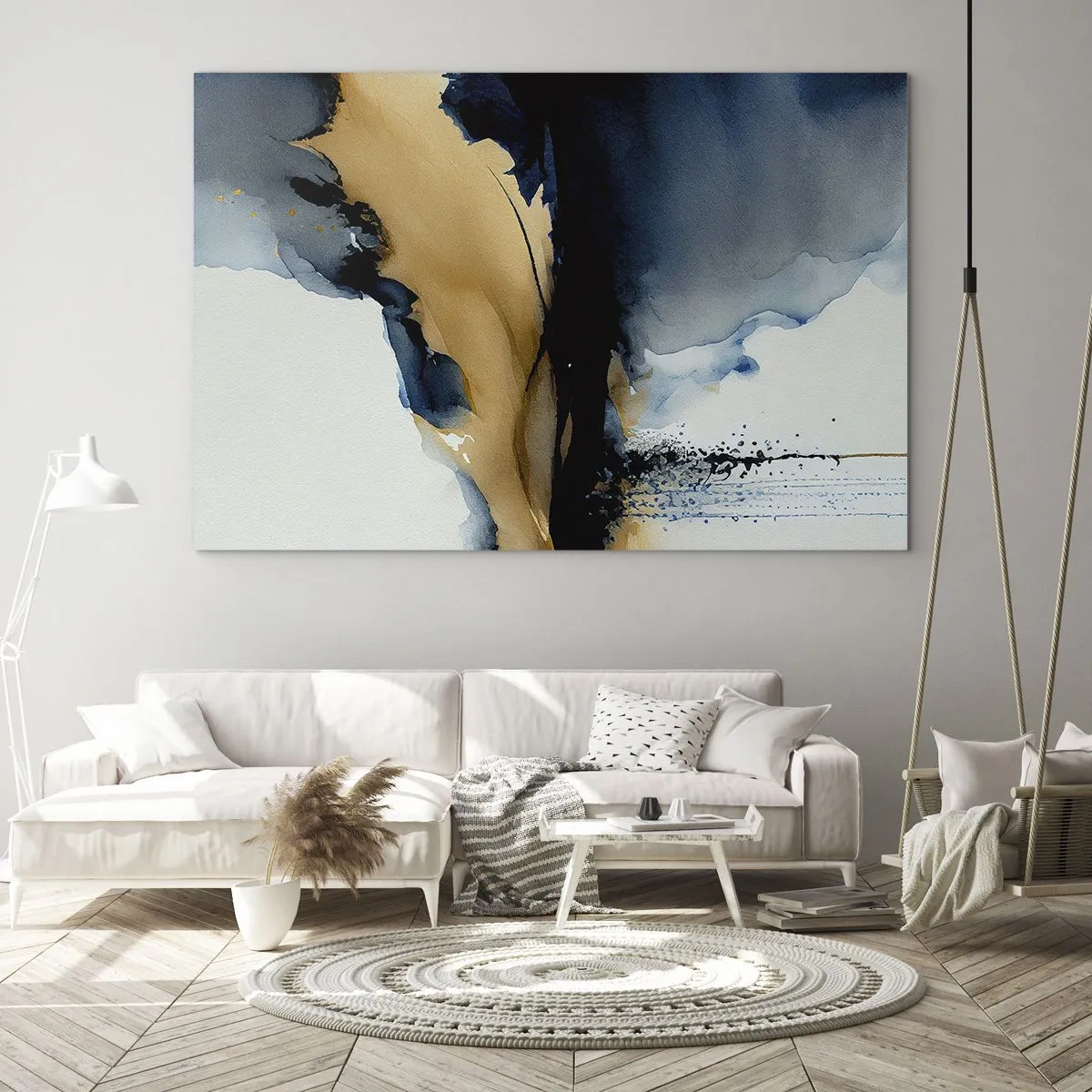 Obraz na szkle - Abstrakcyjna kompozycja w odcieniach granatu i beżu - 70x50cm - Za zasłoną - Nowoczesna dekoracja ścienna do salonu i sypialni ARTTOR