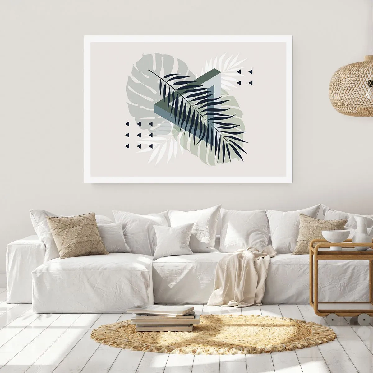 Plakat - Geometryczna kompozycja z tropikalnymi liśćmi w odcieniach zieleni - 100x70cm - Natura i geometria – dwa porządki? - Nowoczesna dekoracja ścienna do salonu i sypialni ARTTOR