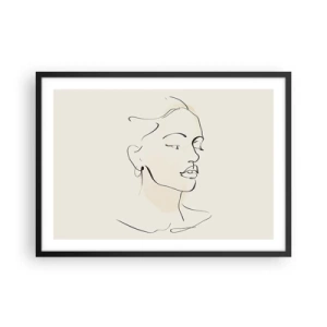 Plakat w czarnej ramie - Delikatny szkic kobiecej twarzy na jasnym tle - 70x50cm - Pewną kreską - Nowoczesna dekoracja ścienna do salonu i sypialni ARTTOR