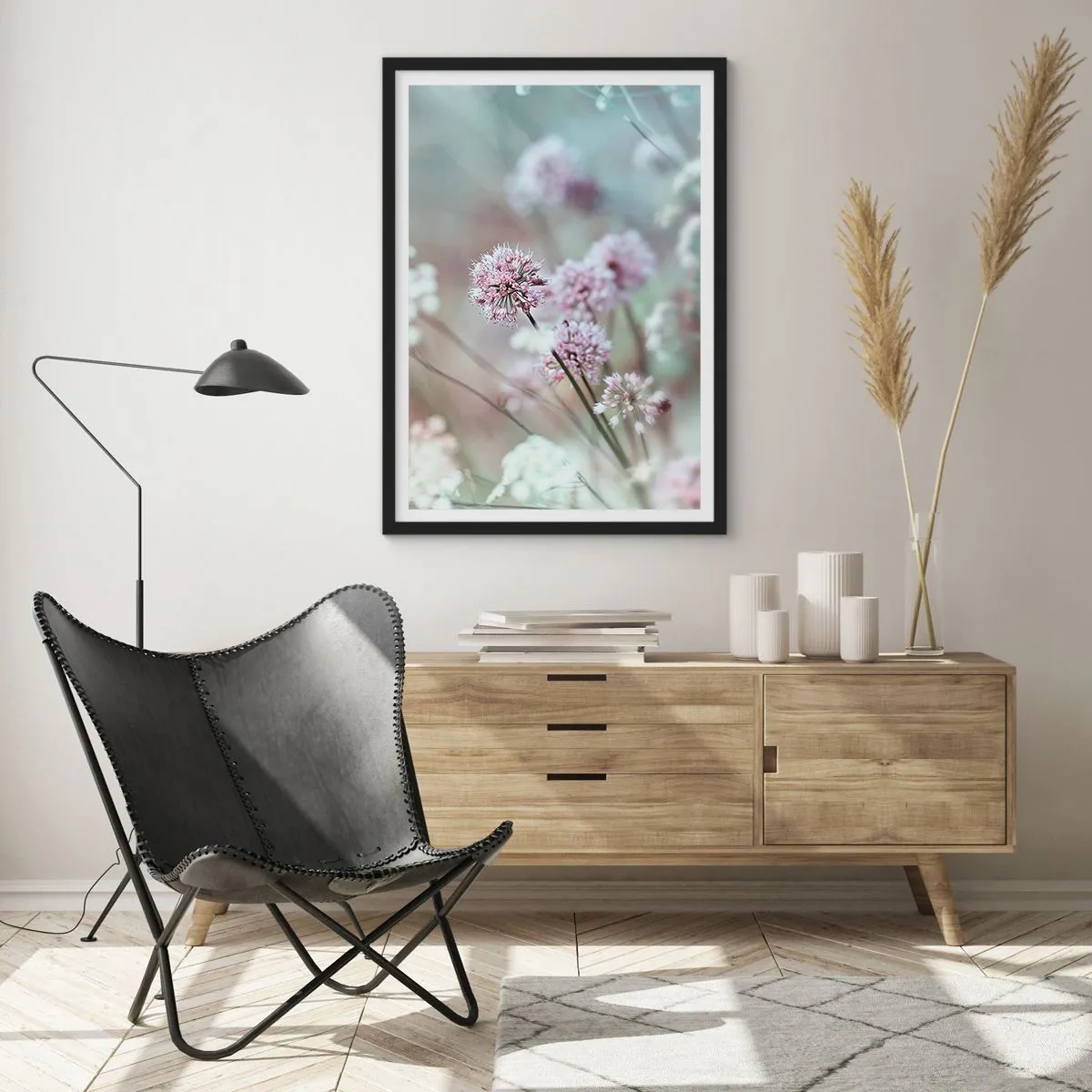 Plakat w czarnej ramie - Delikatne kwiaty w pastelowych barwach - 50x70cm - Słodkie filigrany ziół - Nowoczesna dekoracja ścienna do salonu i sypialni ARTTOR