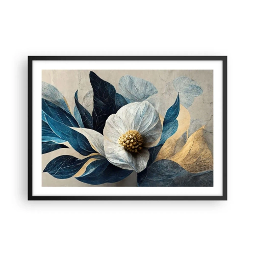 Plakat w czarnej ramie - Kwiat z błękitnymi liśćmi na eleganckim tle - 70x50cm - Ma złote serce - Nowoczesna dekoracja ścienna do salonu i sypialni ARTTOR