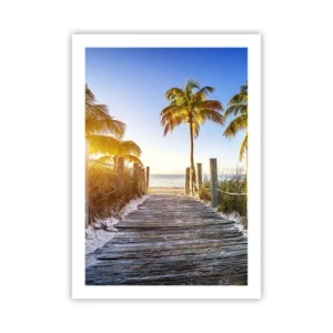 Plakat - Drewniana ścieżka na plażę z palmami w świetle słońca - 50x70cm - Prosto do raju - Nowoczesna dekoracja ścienna do salonu, kuchni i sypialni ARTTOR