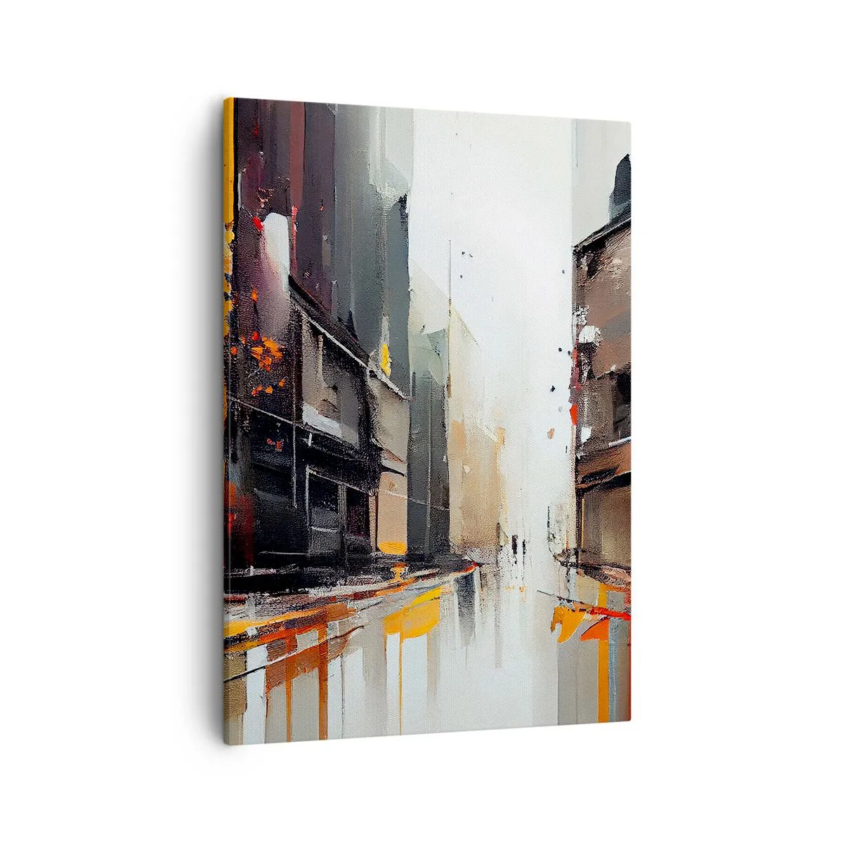 Obraz na płótnie - Abstrakcyjny pejzaż miejski w stonowanych barwach z akcentami pomarańczu - 50x70cm - Deszczowy dzień - Nowoczesna dekoracja ścienna do salonu, kuchni i sypialni ARTTOR