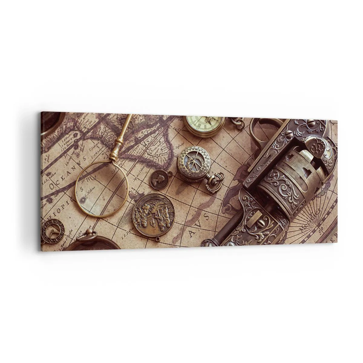 Obraz na płótnie - Zabytkowe przedmioty na starej mapie w retro stylu - 120x50cm - Przygoda wzywa - Nowoczesna dekoracja ścienna do salonu i sypialni ARTTOR