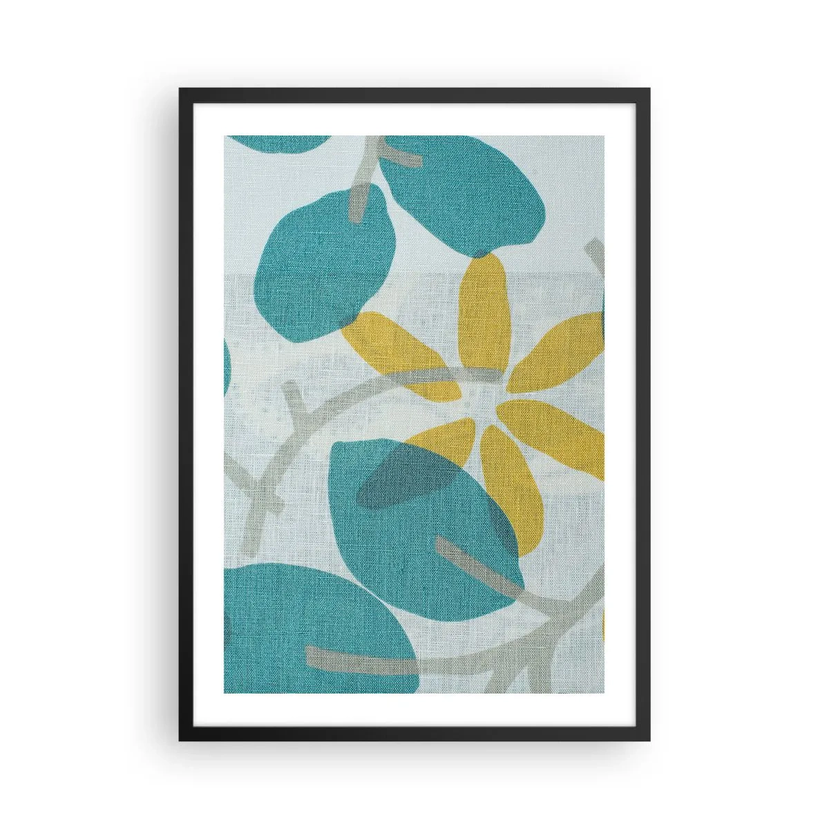 Plakat w czarnej ramie - Nowoczesna botaniczna grafika w odcieniach błękitu i żółci - 50x70cm - Wśród lazurowych liści - Nowoczesna dekoracja ścienna do salonu i sypialni ARTTOR
