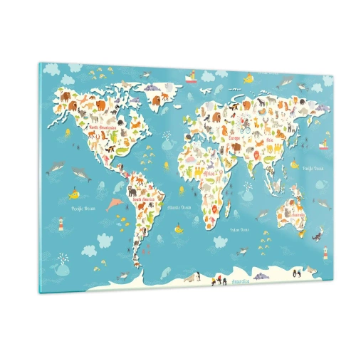 Obraz na szkle - Kolorowa mapa świata z motywami zwierząt i oceanu - 120x80cm - Kochamy cały świat - Nowoczesna dekoracja ścienna do salonu, kuchni i sypialni ARTTOR