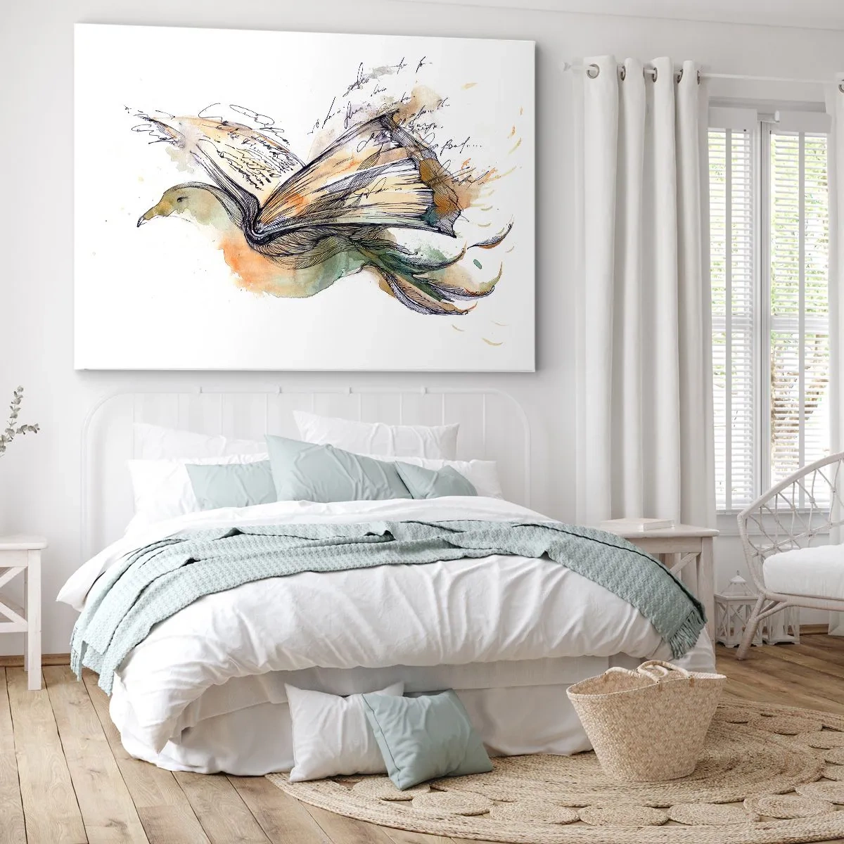 Obraz na płótnie - Artystyczna akwarela ptaka z książką jako skrzydłami - 120x80cm - Na skrzydłach poezji - Nowoczesna dekoracja ścienna do salonu, kuchni i sypialni ARTTOR