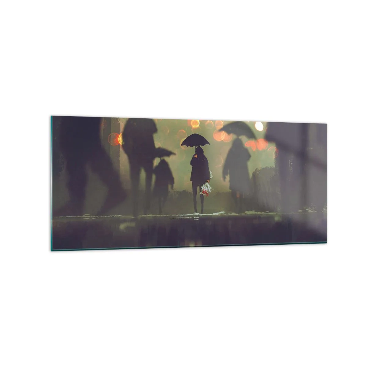 Obraz na szkle - Postać z parasolem w deszczowy wieczór wśród świateł miasta - 120x50cm - Z perspektywy kropli deszczu - Nowoczesna dekoracja ścienna do salonu i sypialni ARTTOR