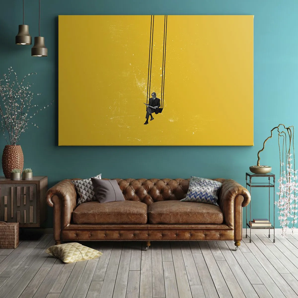 Obraz na płótnie - Osoba na huśtawce na tle intensywnej żółci - 120x80cm - Dzień jak co dzień - Nowoczesna dekoracja ścienna do salonu, kuchni i sypialni ARTTOR