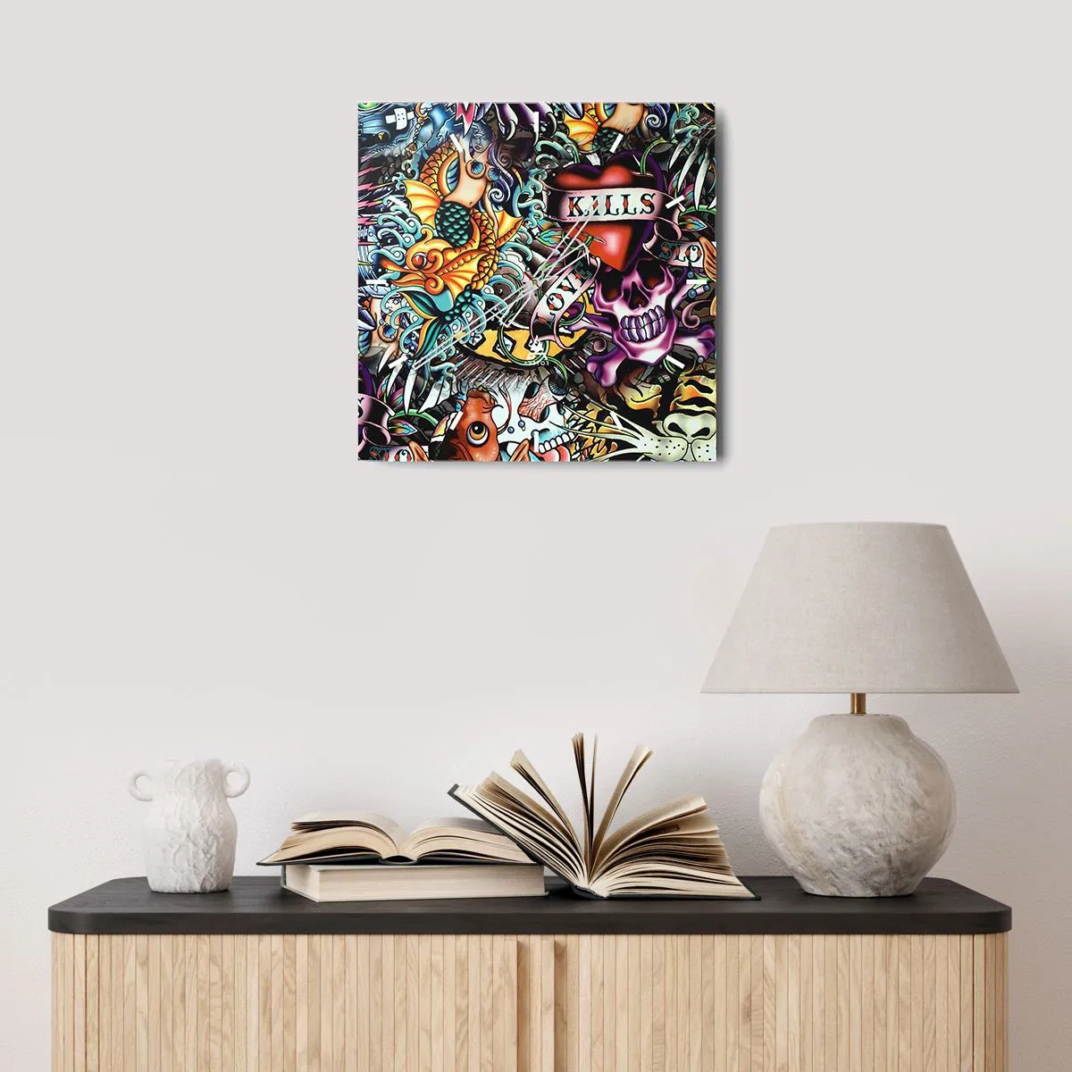 Zegar ścienny - Kolorowa grafika w stylu tatuażowym z czaszkami i motywami morskimi - 30x30cm - Sen tatuażysty - Nowoczesna dekoracja ścienna do salonu i sypialni ARTTOR