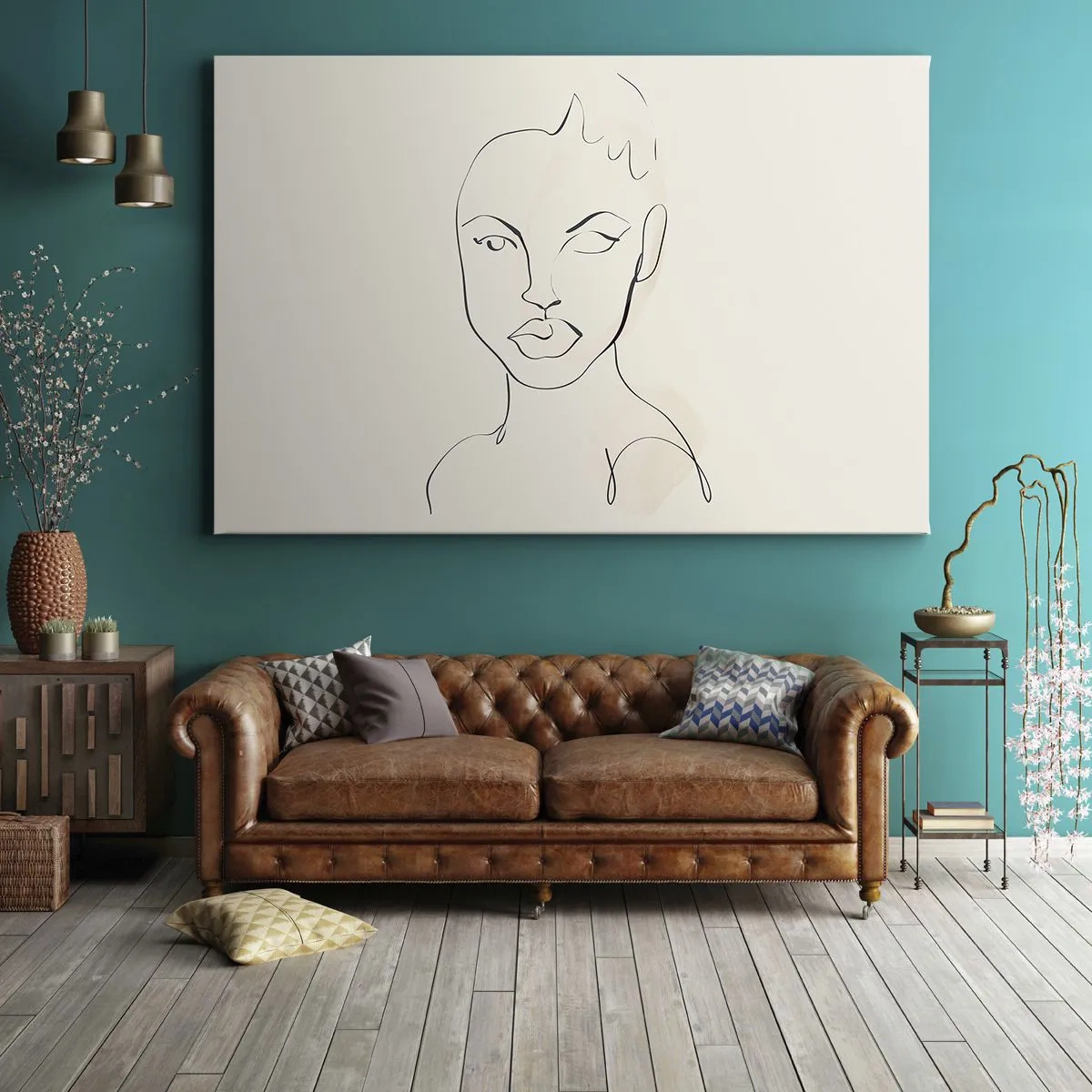 Obraz na płótnie - Minimalistyczny szkic twarzy kobiety - 70x50cm - Zarys zmysłowości - Nowoczesna dekoracja ścienna do salonu i sypialni ARTTOR