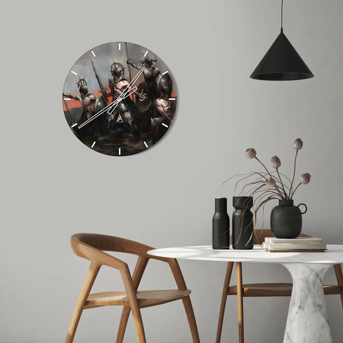Zegar ścienny - Grupa wojowników w zbrojach z tarczami i włóczniami w dynamicznej scenie - 30x30cm - Z tarczą lub na tarczy - Nowoczesna dekoracja ścienna do salonu, kuchni i sypialni ARTTOR