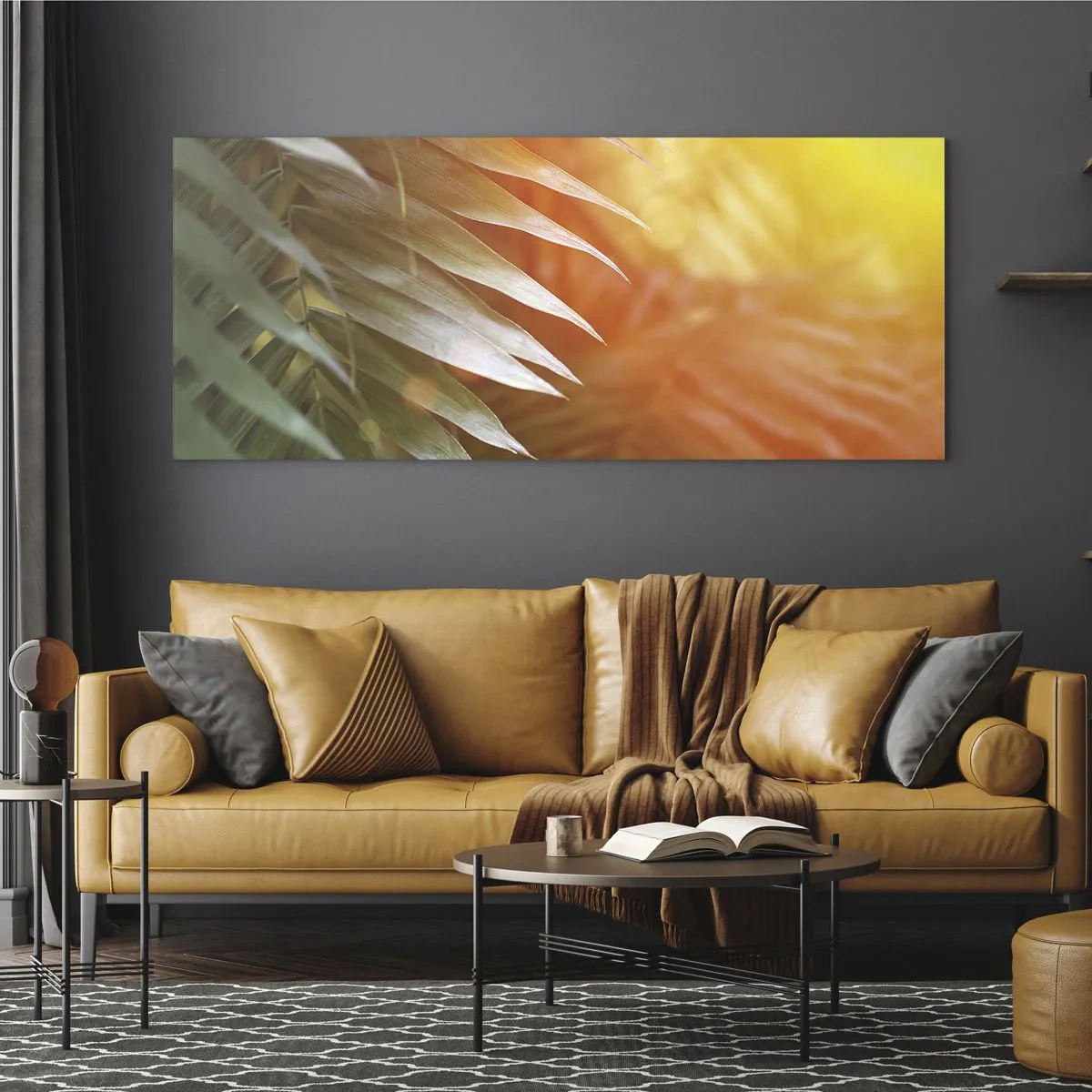 Obraz na szkle - Liście palmy w promieniach słońca o zachodzie - 120x50cm - Poranek w dżungli - Nowoczesna dekoracja ścienna do salonu i sypialni ARTTOR