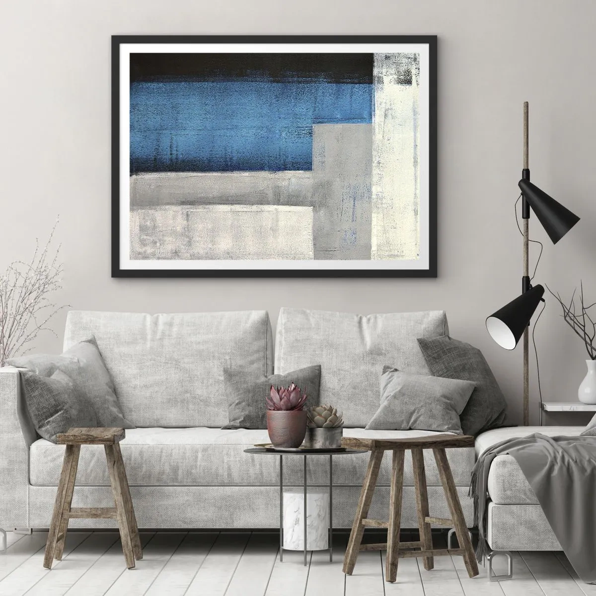 Plakat w czarnej ramie - Abstrakcyjna kompozycja z odcieniami błękitu, szarości i bieli - 70x50cm - Kompozycja poetycka szarości i błękitu - Nowoczesna dekoracja ścienna do salonu i sypialni ARTTOR