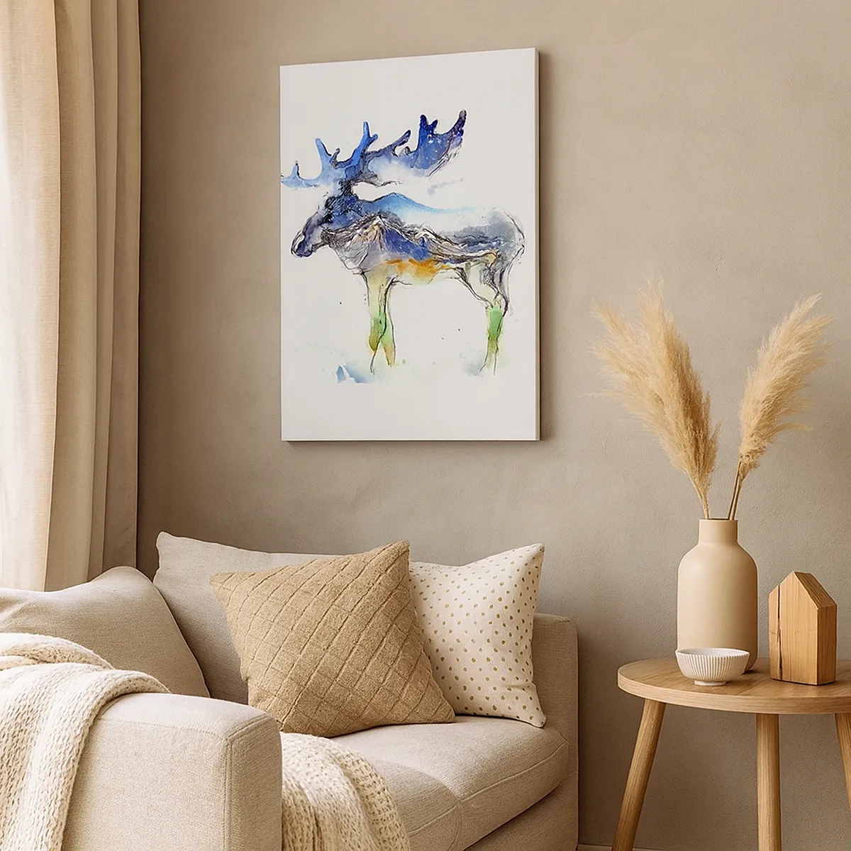 Obraz na płótnie - Akwarelowy łoś z krajobrazem górskim i nocnym niebem w porożu - 50x70cm - Bohater zimowej opowieści - Nowoczesna dekoracja ścienna do salonu, kuchni i sypialni ARTTOR