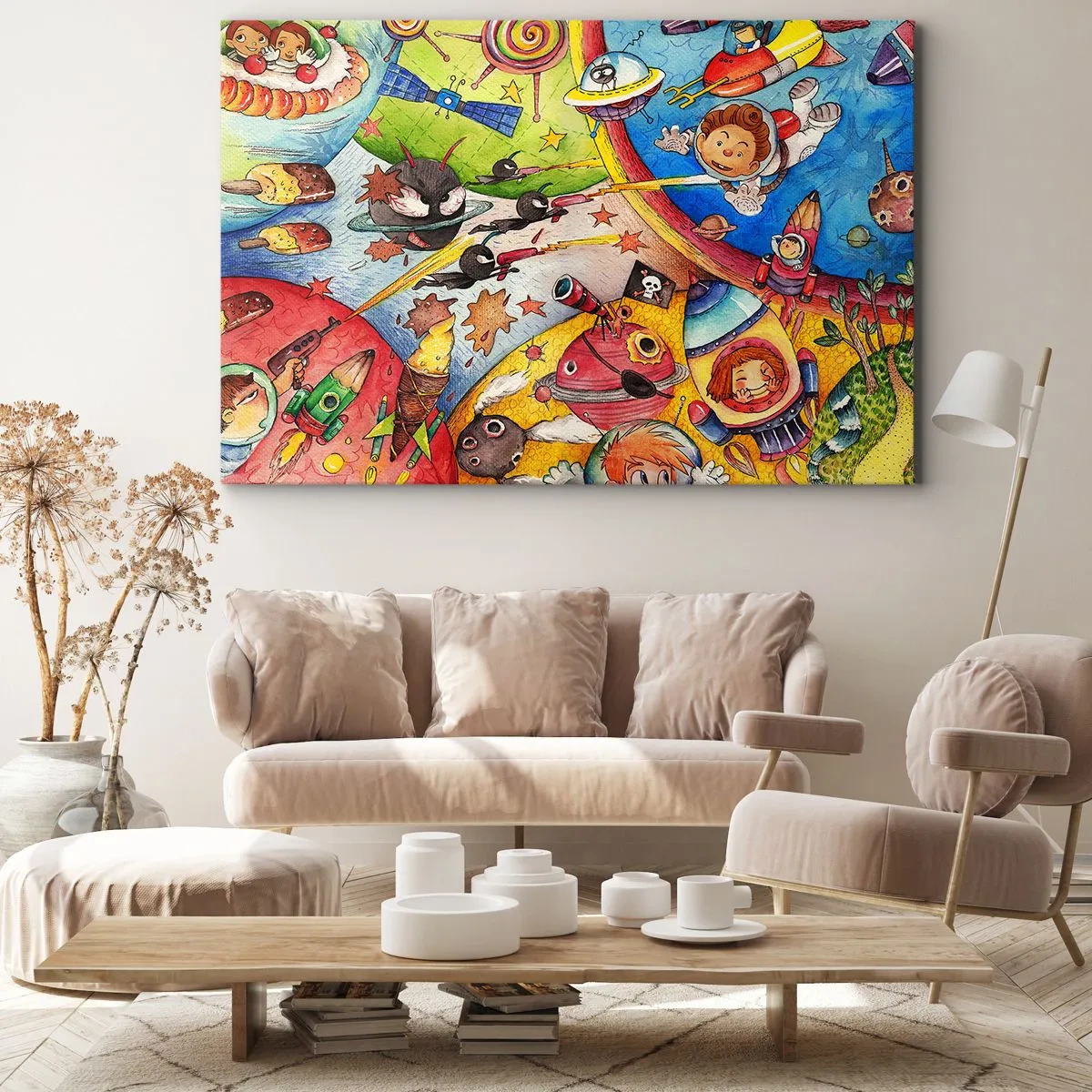 Obraz na płótnie - Kolorowa scena kosmiczna pełna dzieci i statków kosmicznych - 70x50cm - Wielka kosmiczna przygoda - Nowoczesna dekoracja ścienna do salonu i sypialni ARTTOR